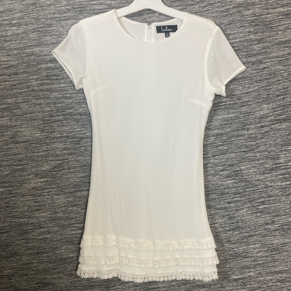 Lulu's Boho White Mini Dress Short Sleeves with Fringe Edges